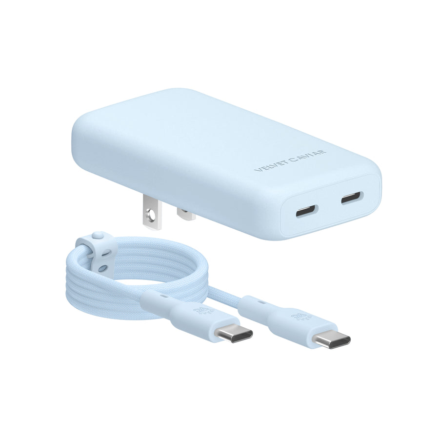 Whisper Blue Fast Charging Set with dual port wall adapter and 6ft USB-C cable